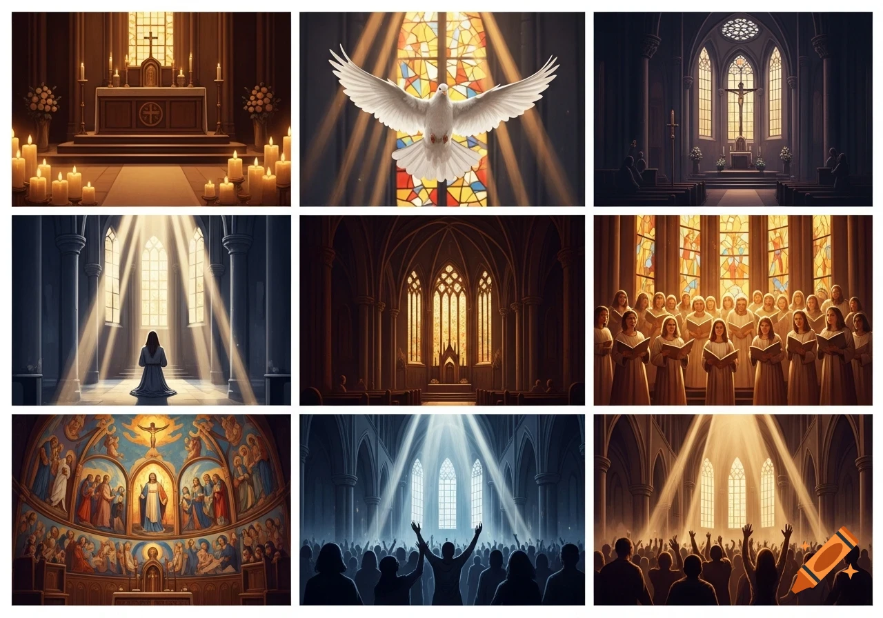A nine-panel graphic novel depicting spiritual scenes in churches, including an altar with candles, a dove against stained glass, a person praying, a choir, and crowds with raised hands.