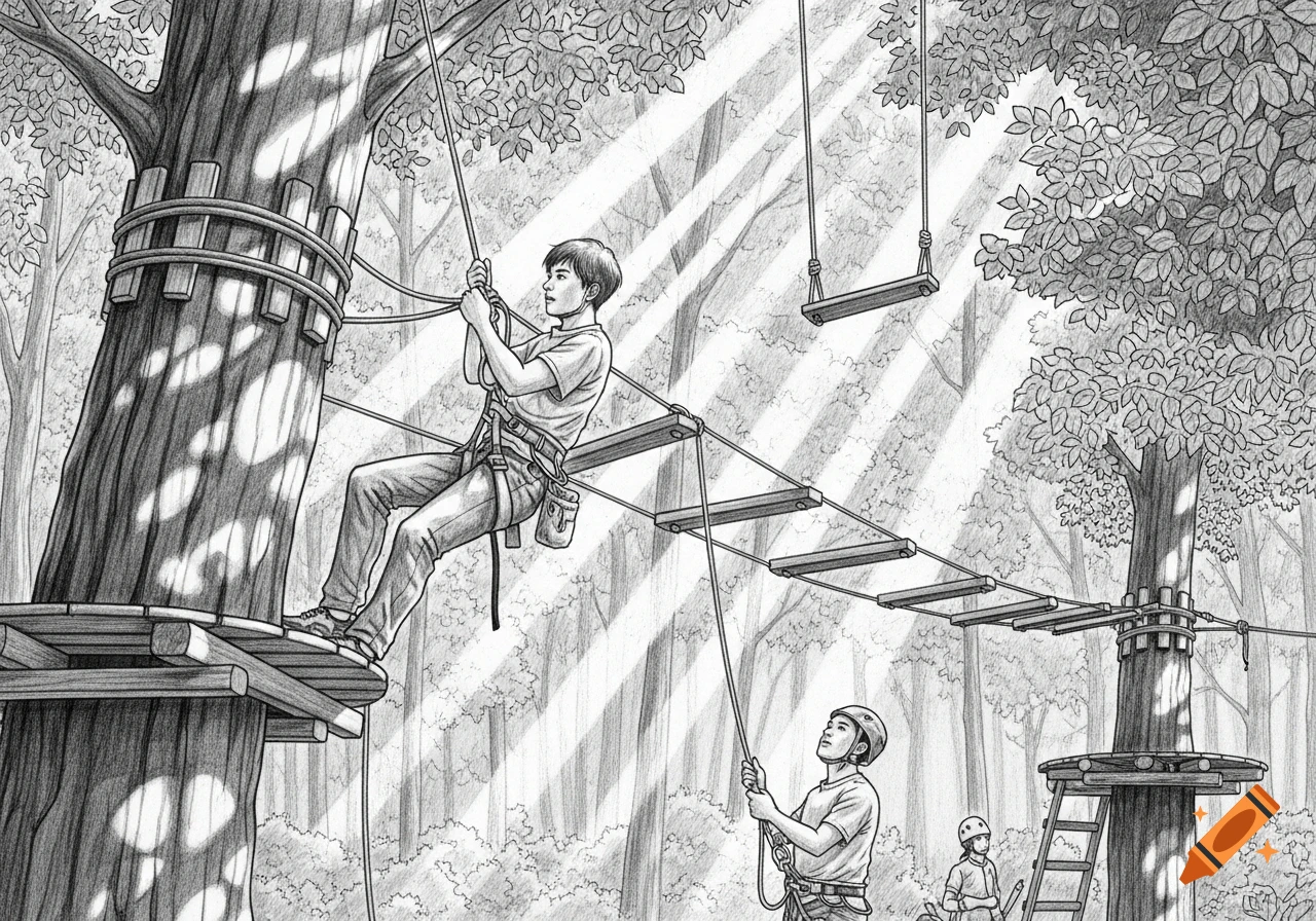 Detailed black and white pencil drawing of a young man climbing a tree canopy rope course, with another person spotting him. Sun rays pierce through the leaves.