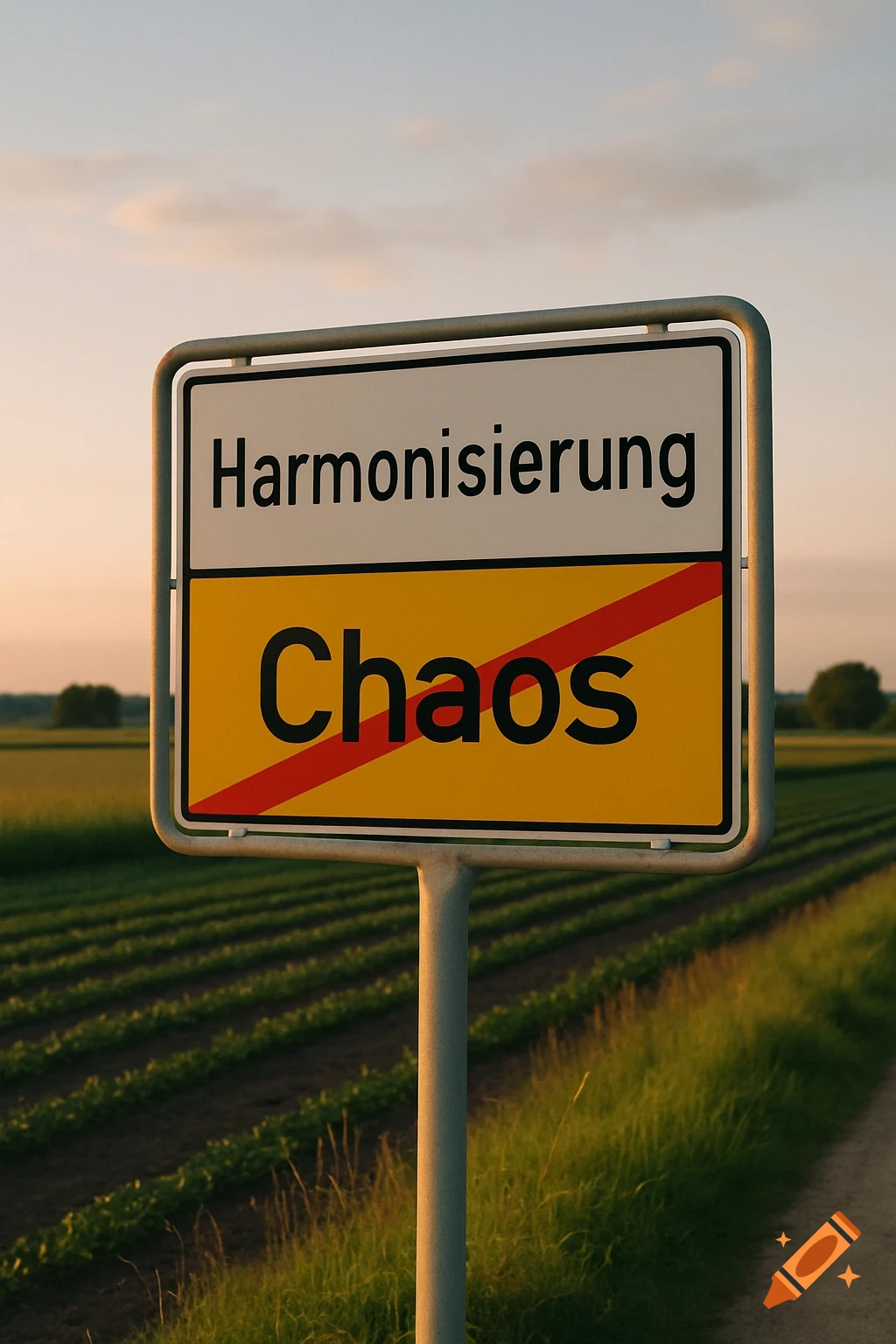 Photorealistic image of a road sign with 'Harmonisierung' and 'Chaos' (crossed out) in a rural landscape at sunset.