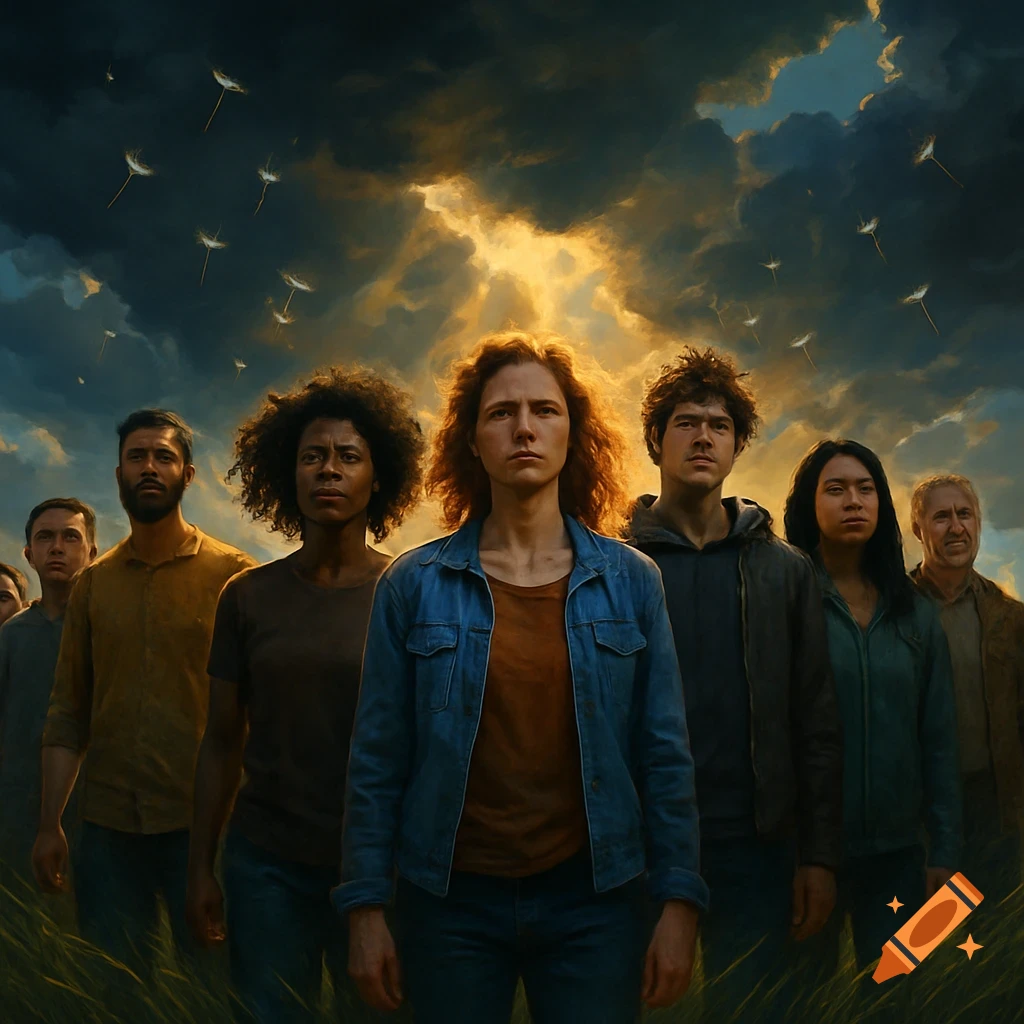 A diverse group of people stand in a field under a dramatic golden and dark cloudy sky.