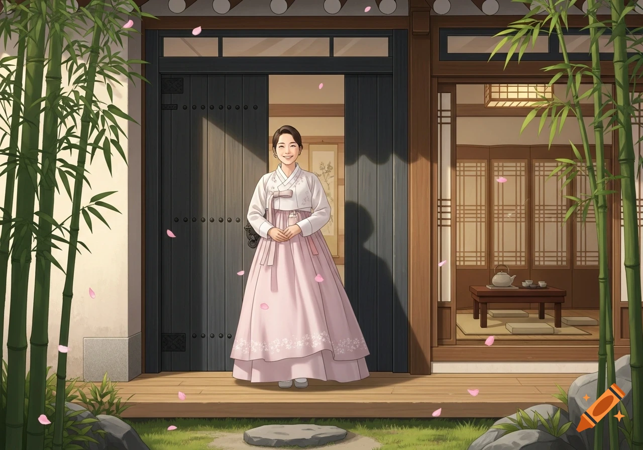 A smiling Korean woman in a pink and white hanbok stands outside a traditional wooden house, surrounded by bamboo and falling cherry blossom petals.