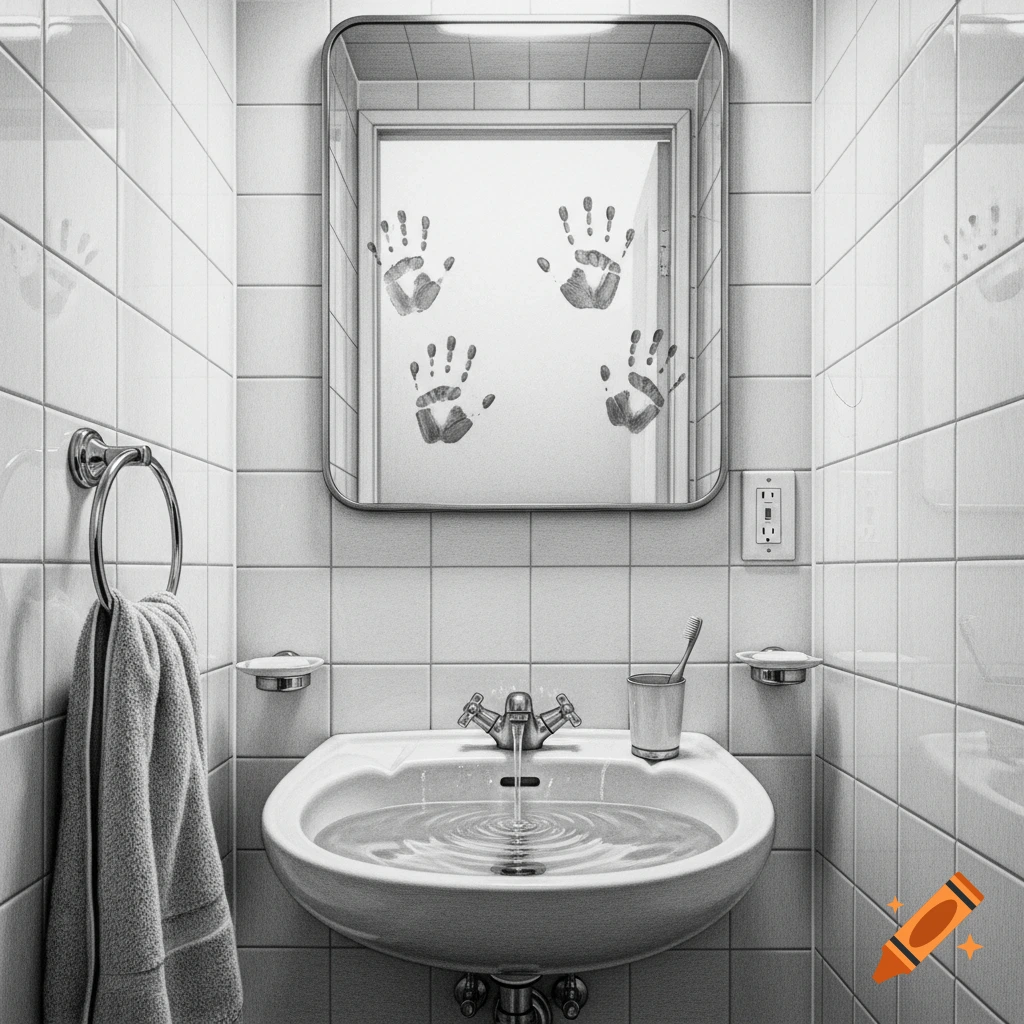Graphite pencil drawing of a bathroom sink area with water in the basin and towel on a rack. Four faint handprints are visible on the mirror above.