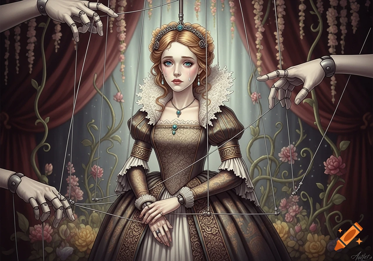 A crying woman with a crown, dressed in an ornate historical gown, depicted as a puppet controlled by robotic hands with strings.