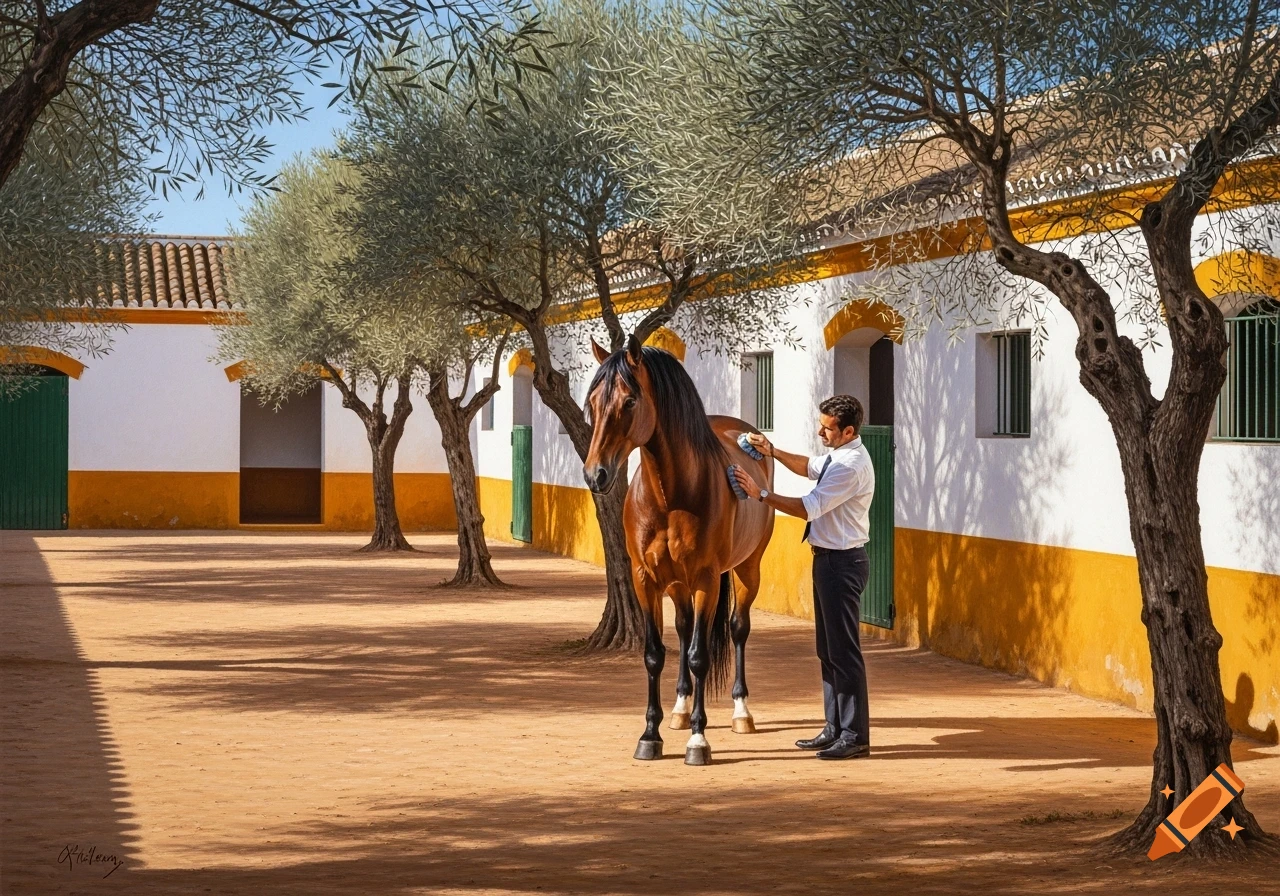 A man grooms a brown Andalusian horse in a sunny Spanish stable courtyard with white and ochre walls, surrounded by olive trees, in a realistic painting.