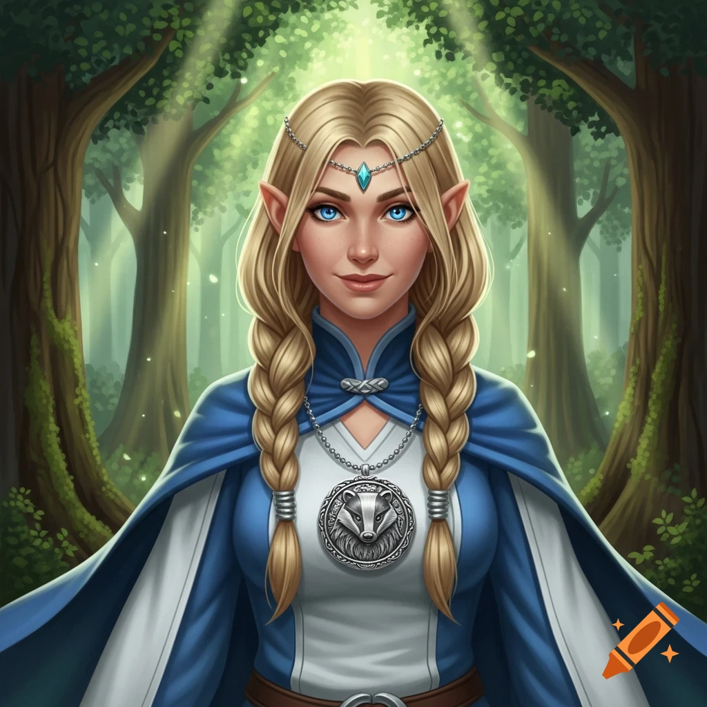 Blonde braided elf woman with blue eyes, wearing blue and white, with a badger medallion, in a fantasy forest.
