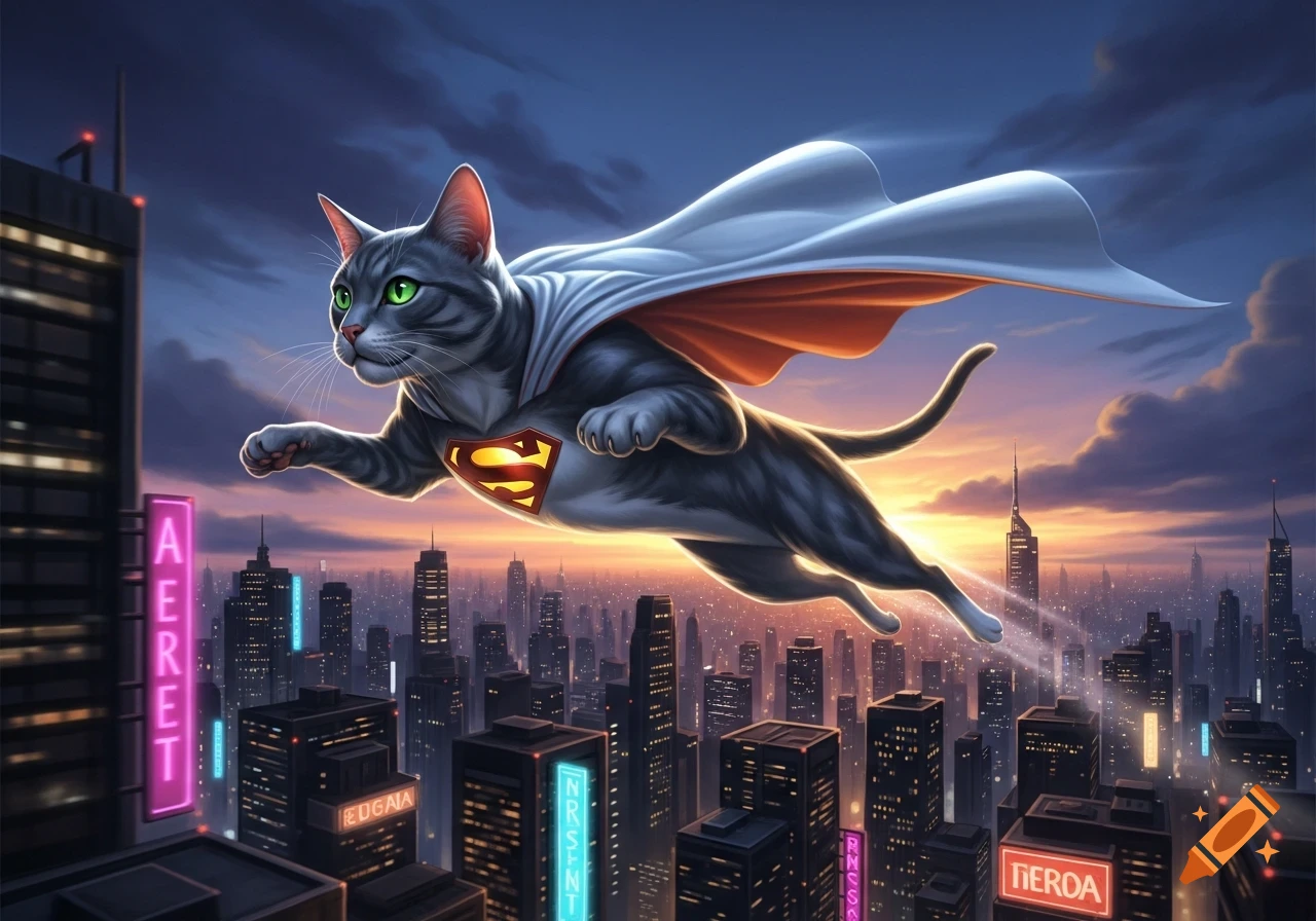 A gray tabby cat with green eyes, wearing a white cape and a red "S" shield, flies over a futuristic city at sunset.