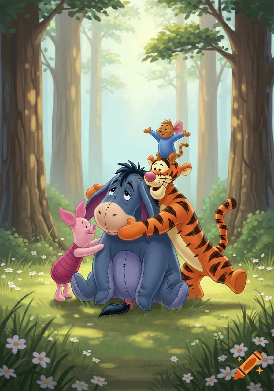 Cartoon illustration of Piglet and Tigger hugging Eeyore, with Roo on Tigger's head, in a sunlit forest clearing.