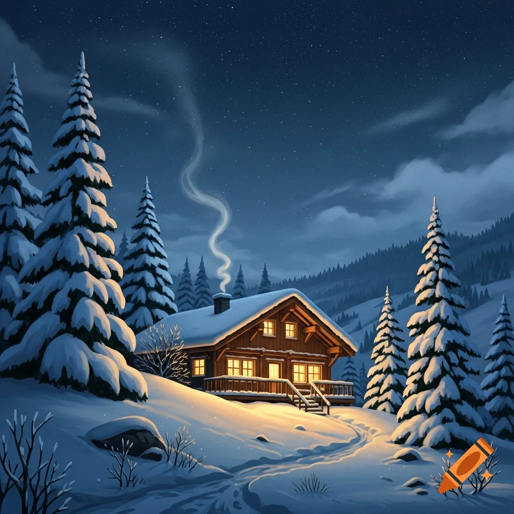 A cozy wooden chalet nestled in a snowy forest at night, with warm lights glowing from windows and smoke curling from the chimney under a star-filled sky.