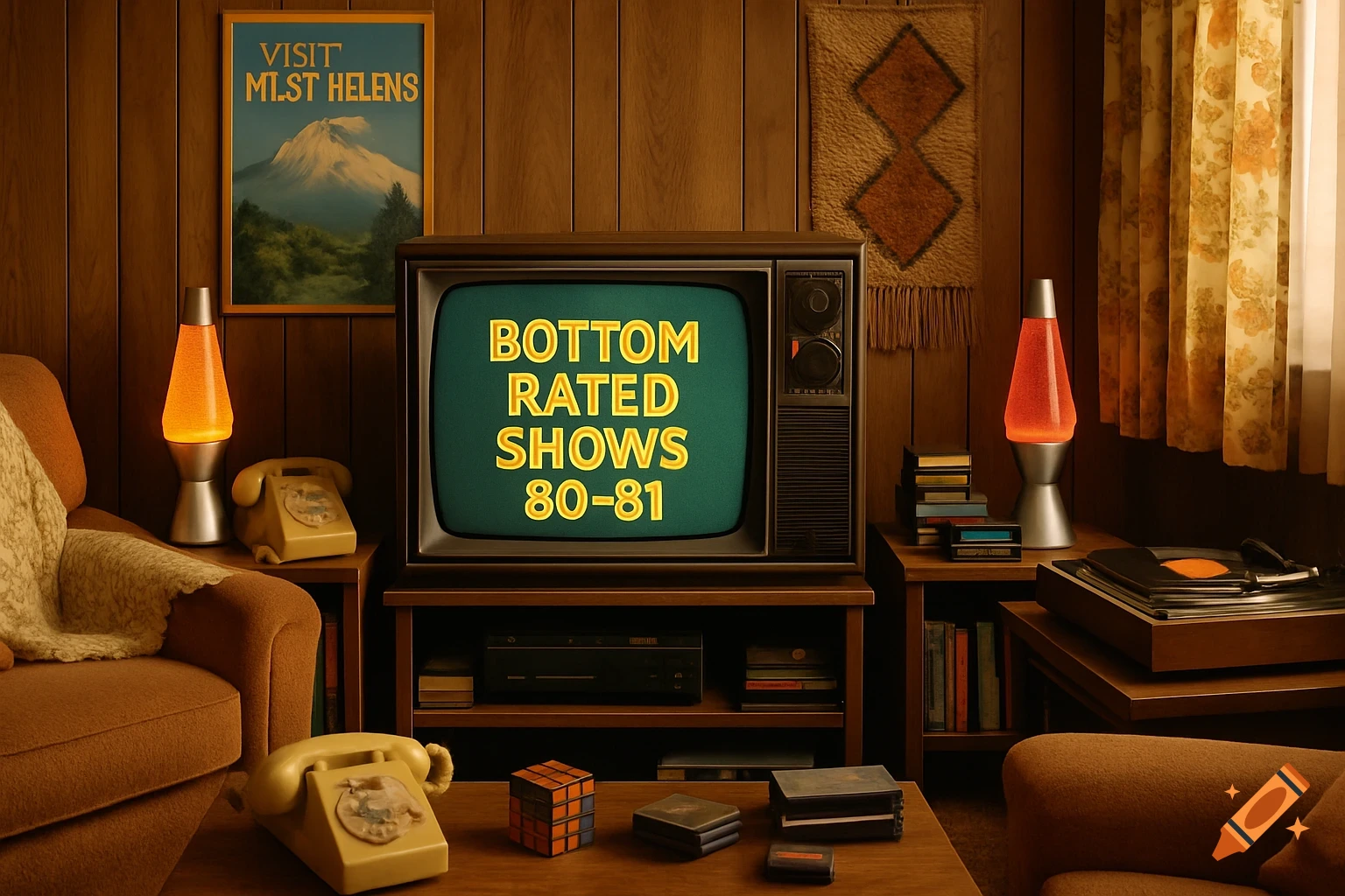 A photo-realistic 1980s living room with wood paneling, a TV showing 'Bottom Rated Shows 80-81', lava lamps, and retro phones.