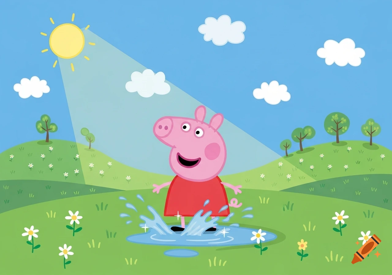 Peppa Pig in a red dress splashes in a puddle in a sunny green field with trees and white flowers, in a cartoon style.