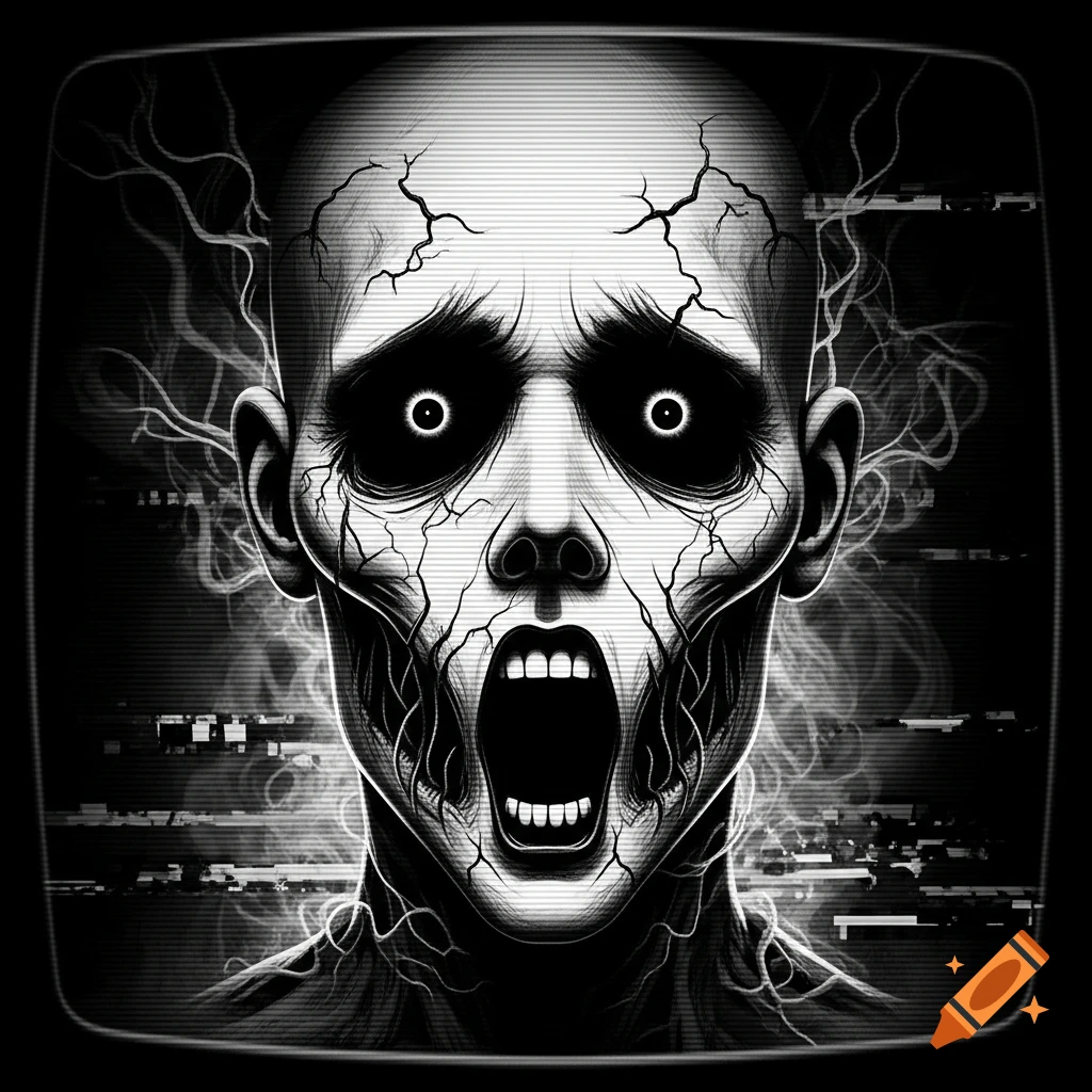 A black and white analog horror image of a gaunt, screaming face with wide black eyes and cracked skin, on a static TV screen.