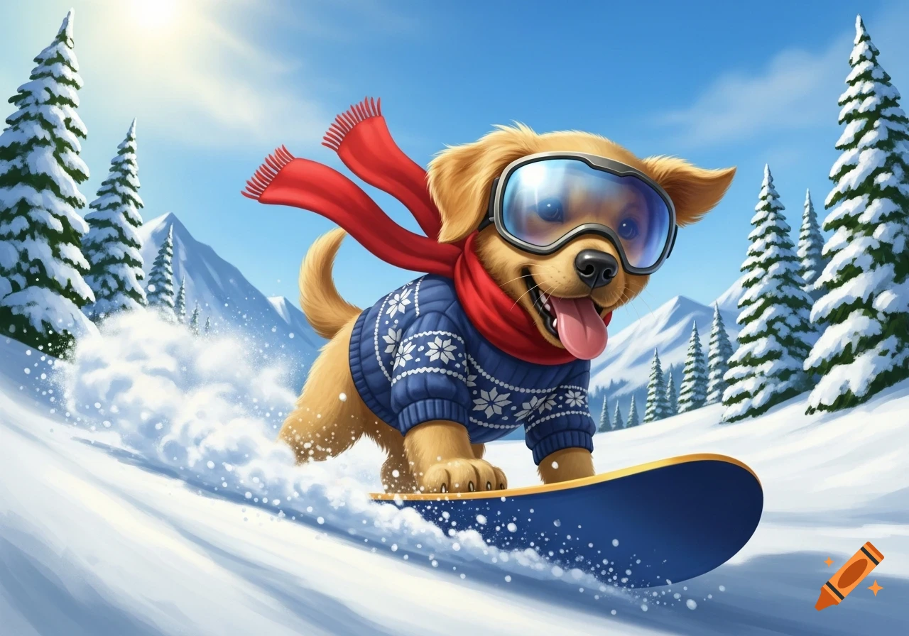 A cute cartoon golden retriever puppy in a blue snowflake sweater, red scarf, and goggles snowboards down a snowy mountain.