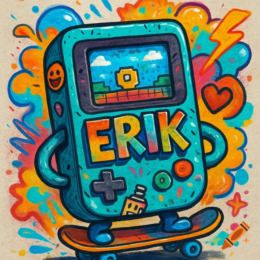 A cute, cartoon-style retro handheld game console named "ERIK" on a skateboard, surrounded by colorful graffiti art.