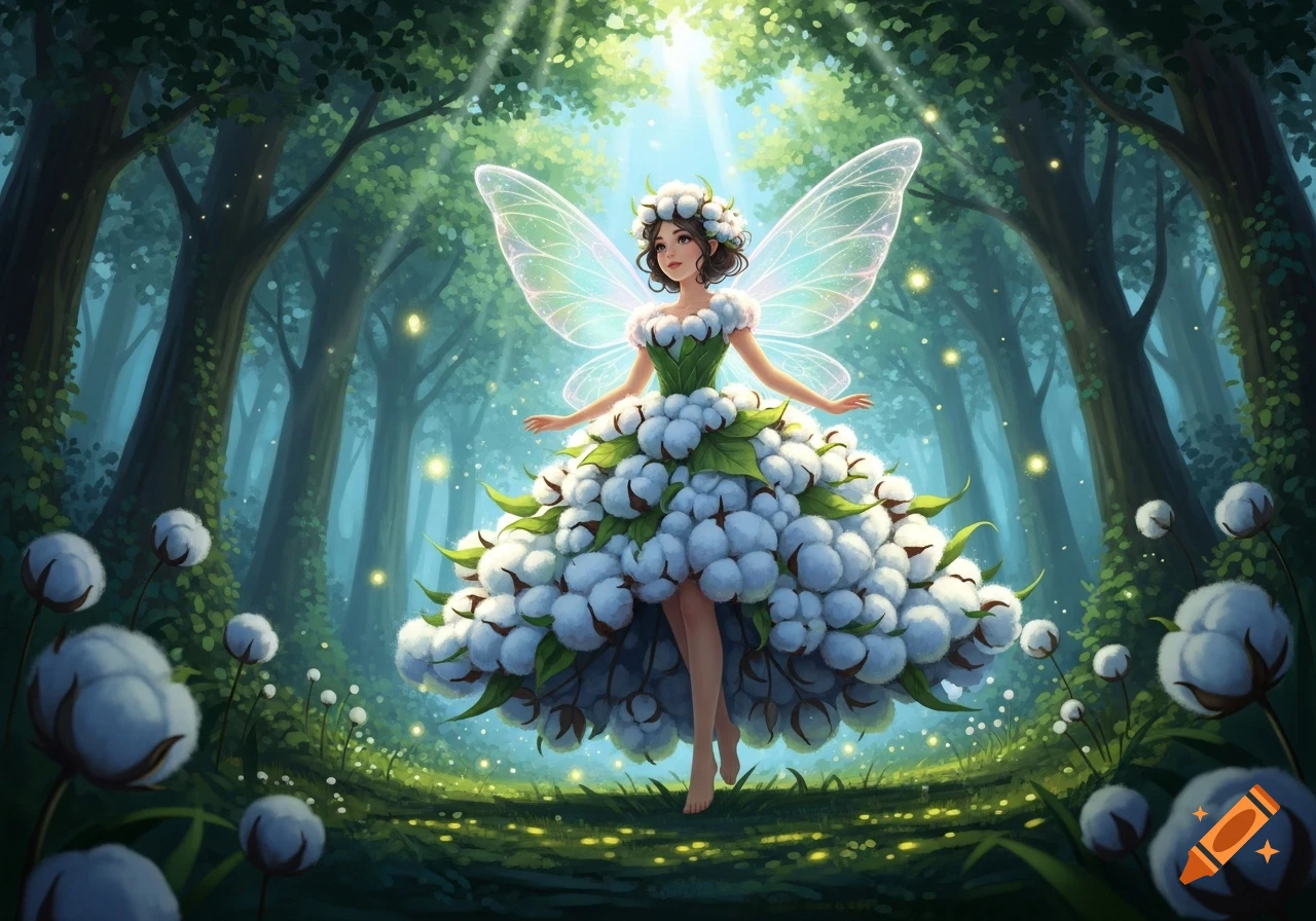 A whimsical fairy with cotton ball dress and a floral crown stands in a magical forest with sun rays shining through the trees.