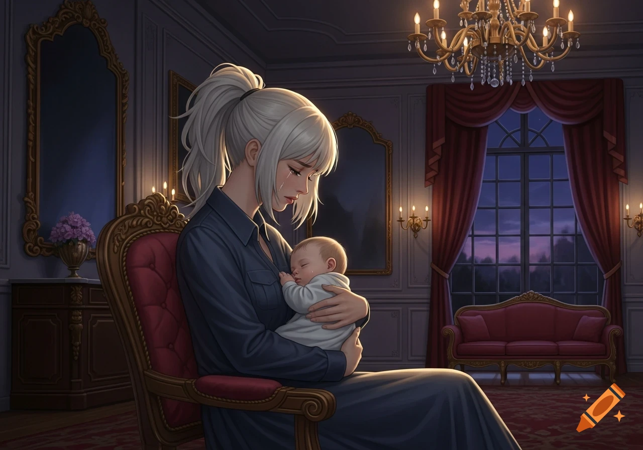 An anime woman with light hair cries while holding a sleeping baby in a luxurious, dimly lit room.