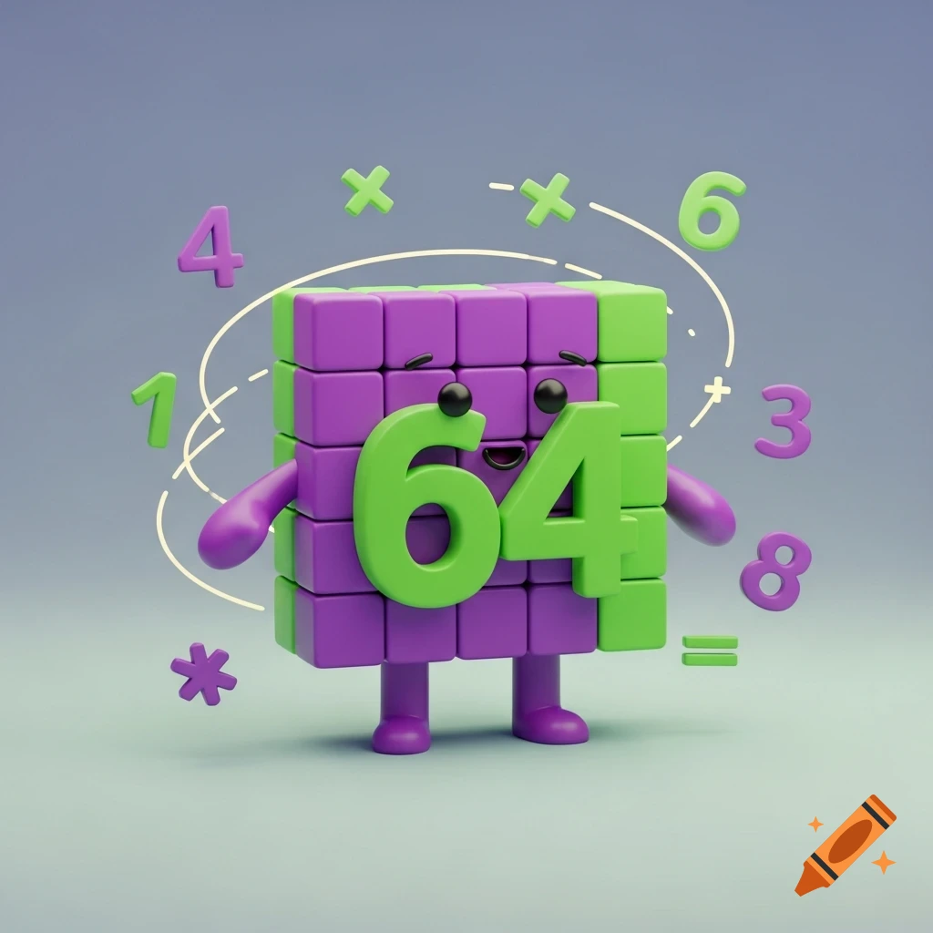 A cute purple and green block character with the number 64 on its chest, surrounded by floating math symbols and numbers, on a light blue background.