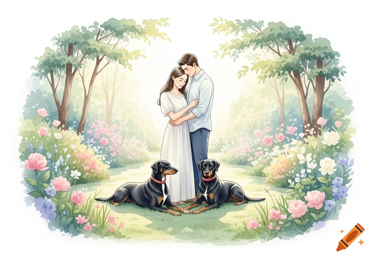 Watercolor painting of a couple embracing in a lush floral garden with two black dogs lying in front of them.