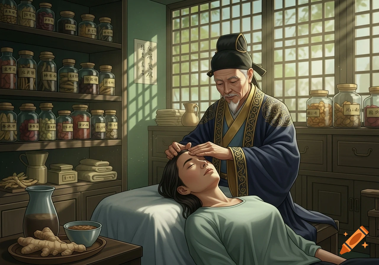 An elder man in traditional attire performs a head massage on a young woman in a Chinese medicine clinic with shelves of herbal jars.