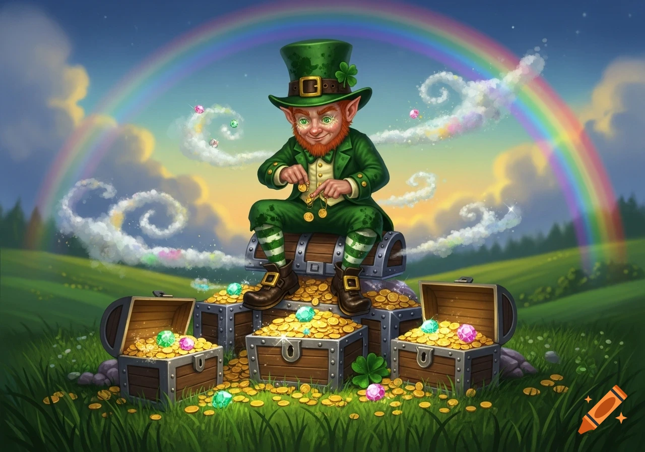 A cheerful leprechaun sits on a stack of treasure chests overflowing with gold coins and gems under a vibrant rainbow in a green field.