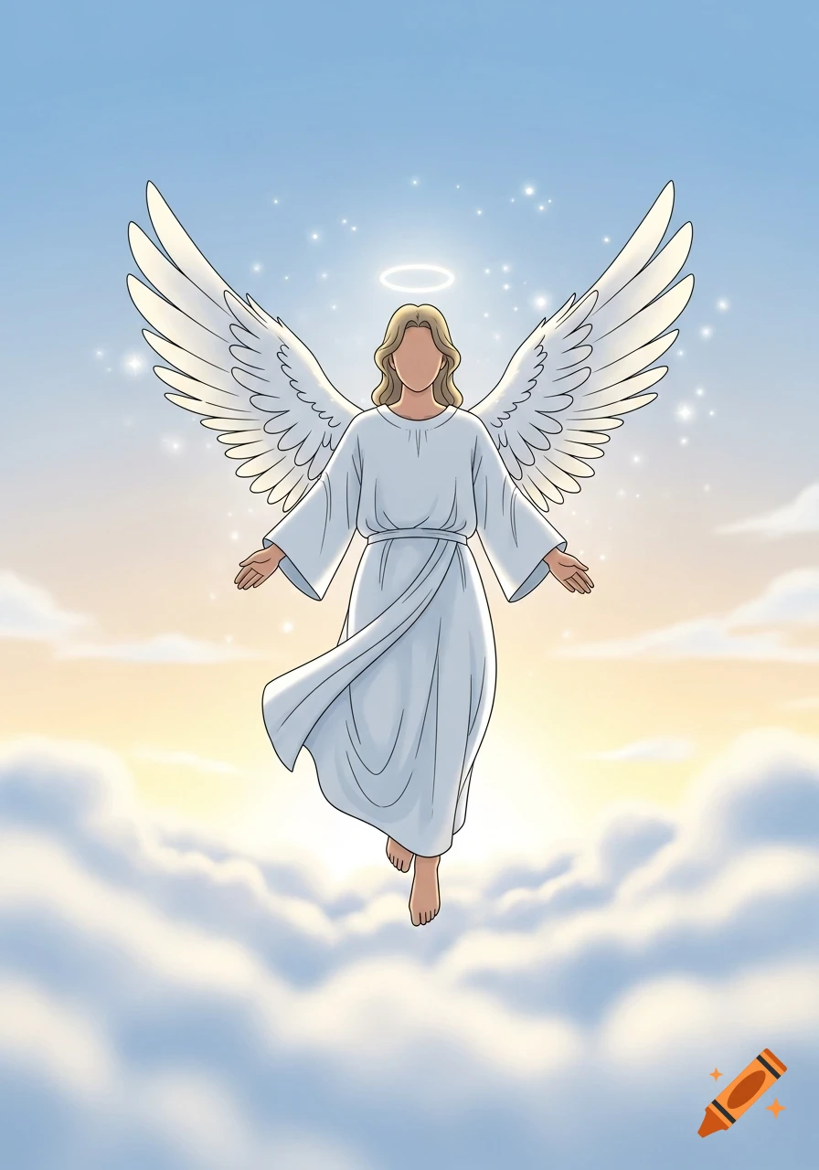 An angelic figure with large white wings and a halo, wearing a light blue robe, floats above clouds against a blue sky.