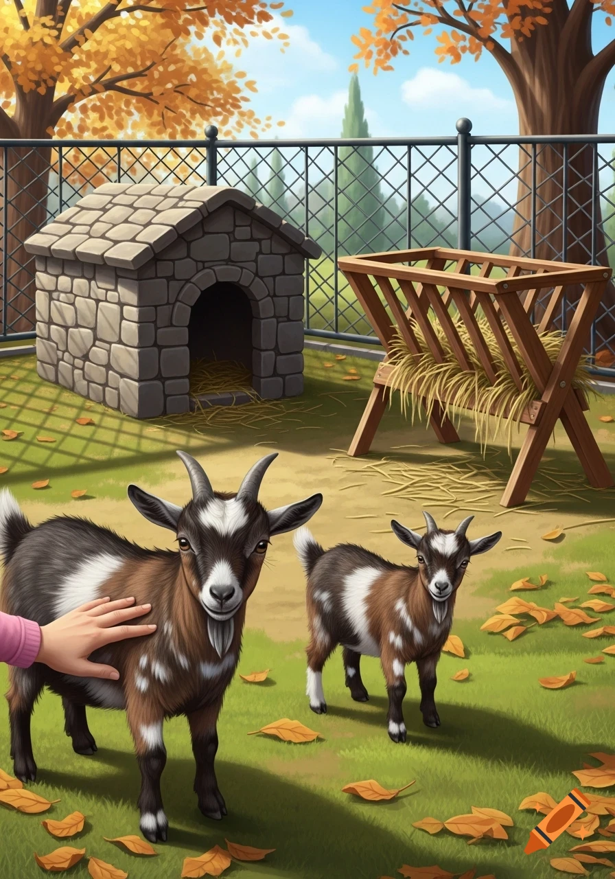 A hand pets a brown, white, and black dwarf goat in a petting zoo with a stone hut, hay feeder, and autumn trees, in an illustrated style.
