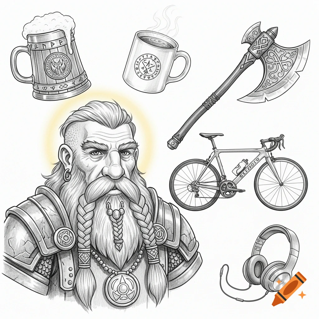 Pencil drawing of a bearded dwarf cleric with a mohawk and braided beard, surrounded by various items: a foamy beer mug, a steaming coffee mug, an ornate axe, a road bicycle, and headphones.