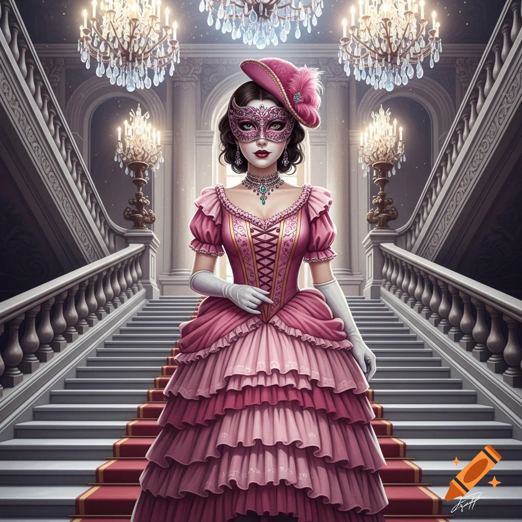 A woman in a voluminous pink ruffled gown, wearing a matching mask and feathered hat, stands on a grand staircase with chandeliers.