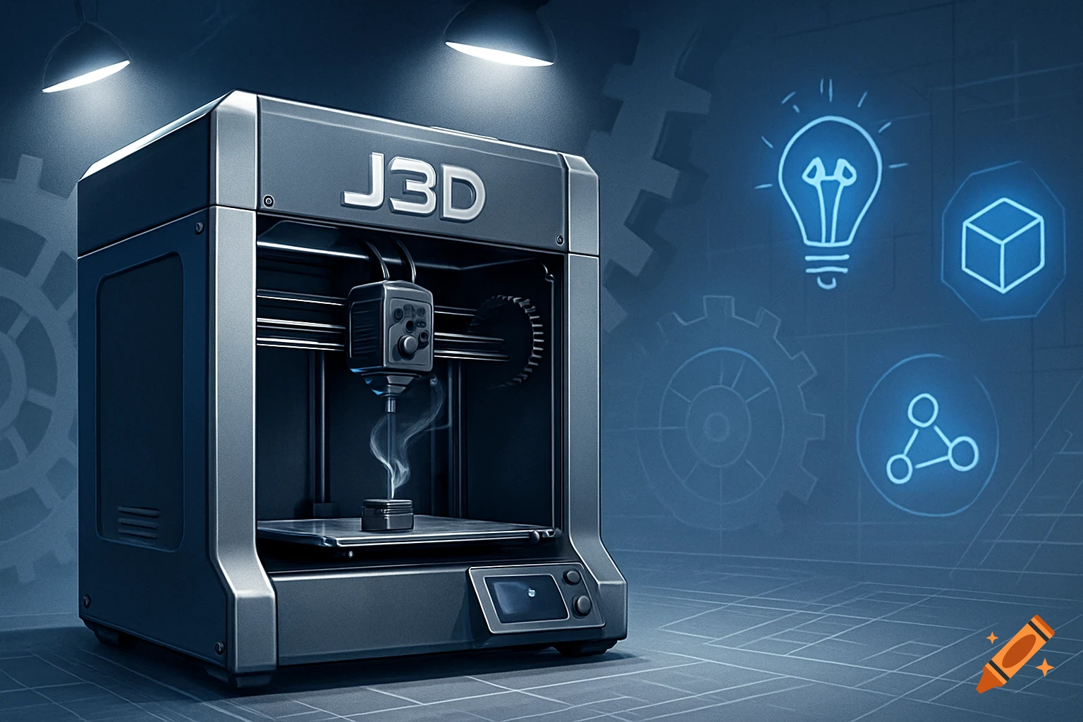 A stylized J3D 3D printer operating in a dark, tech-themed setting with glowing lightbulb, cube, and gear icons.