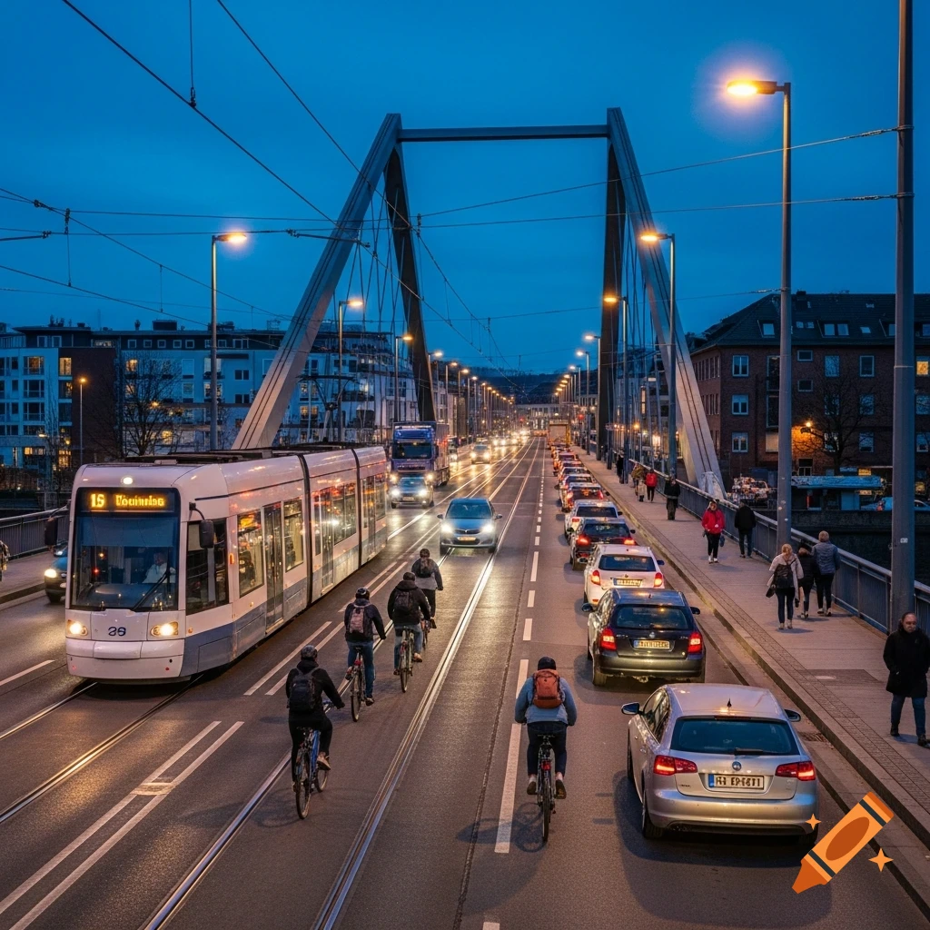 Busy city bridge at dusk with a tram, cars, cyclists, and pedestrians, illuminated by streetlights and vehicle lights.