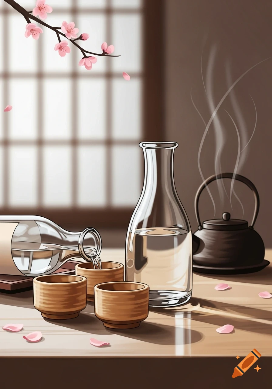Still life illustration of sake pouring into wooden cups, with a kettle and cherry blossoms on a table in a Japanese setting.