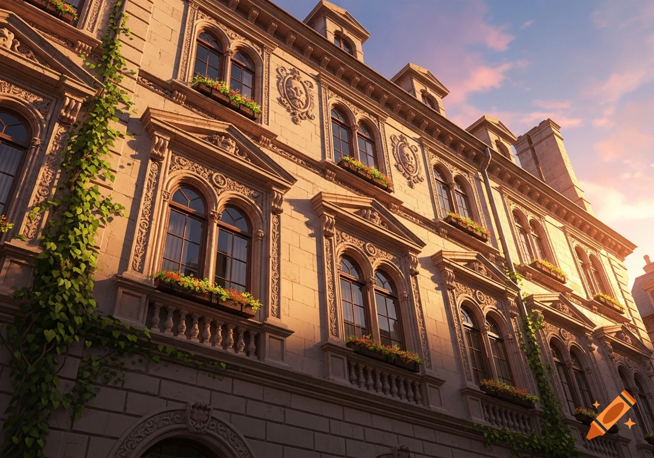 Ornate Renaissance building facade with arched windows, flower boxes, and ivy, illuminated by warm sunset light against a pink sky.