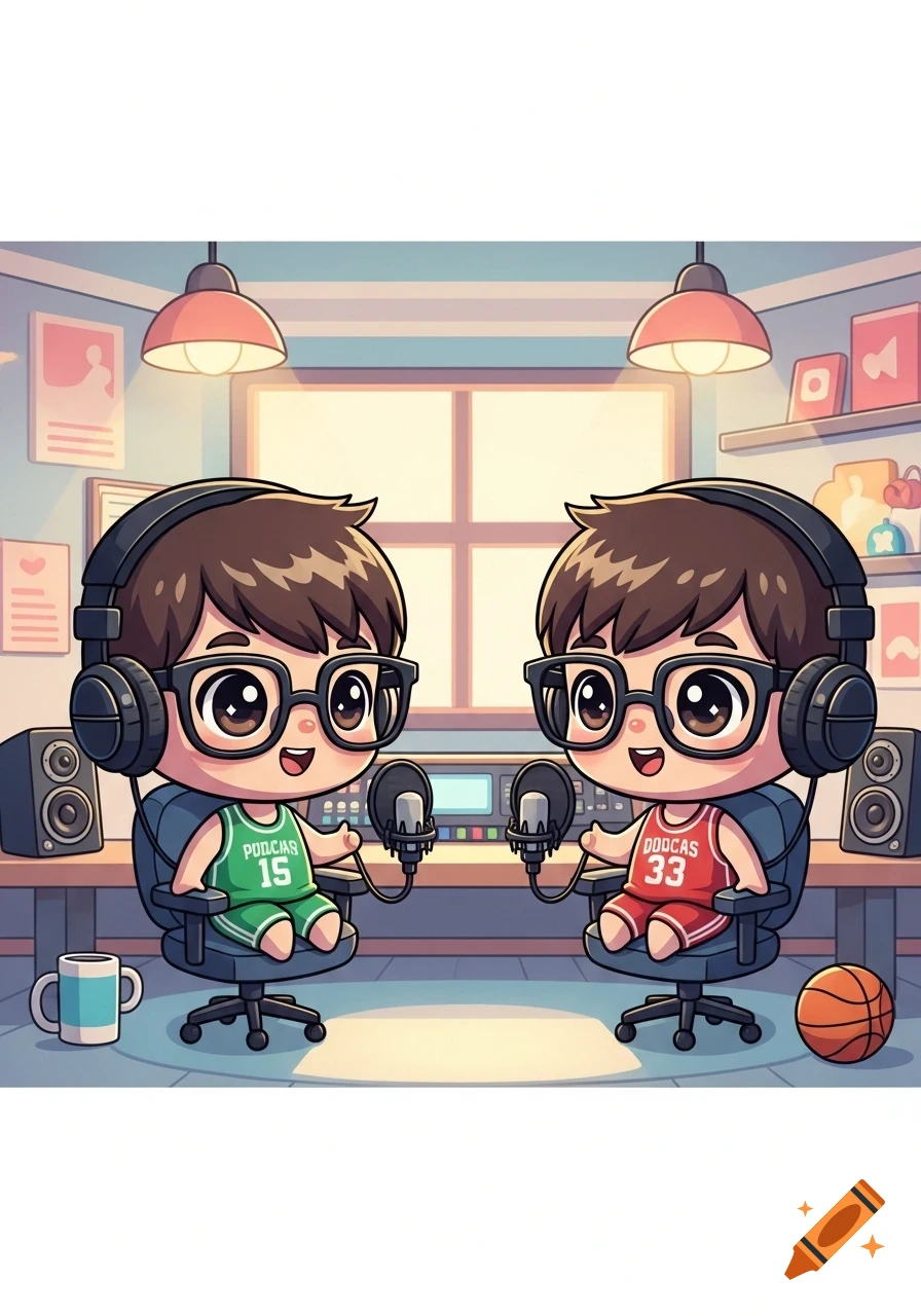 Two ultra cute chibi podcast hosts with glasses, one in a green jersey and one in a red jersey, sitting in a colorful studio.