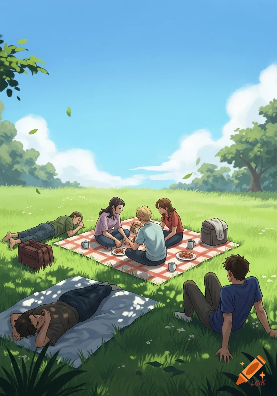Illustration of six people having a picnic in a sunny green park, with three on a blanket and others relaxing on the grass.
