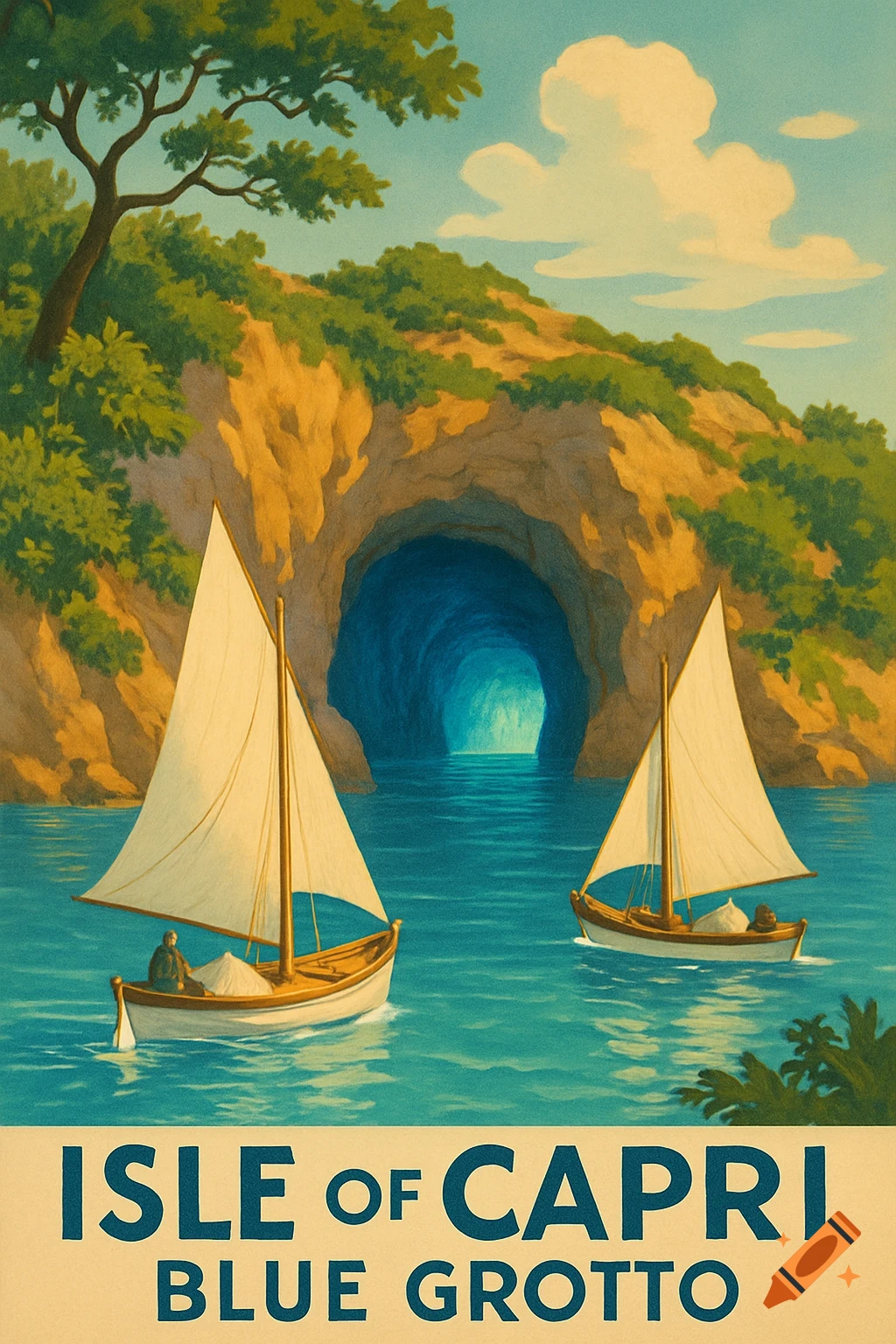 Vintage travel poster depicting two sailboats in blue water near the entrance of the Blue Grotto, with text 'ISLE OF CAPRI BLUE GROTTO'.