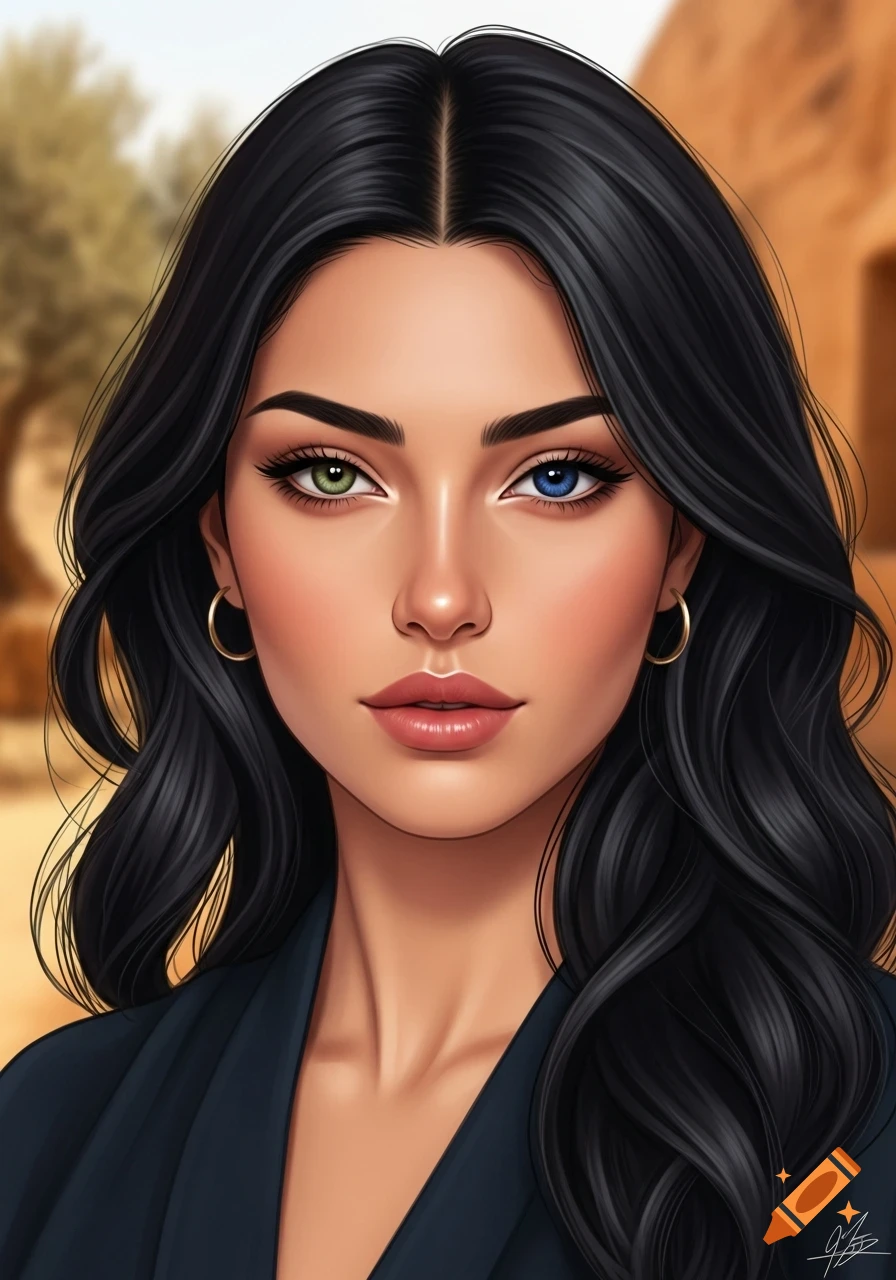 Digital art portrait of a woman with long black wavy hair, one green ...