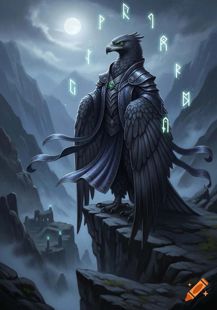 A majestic black Aarakocra sorcerer with glowing green eyes and dark robes stands on a cliff overlooking a misty mountain valley under a full moon, surrounded by glowing blue runes.