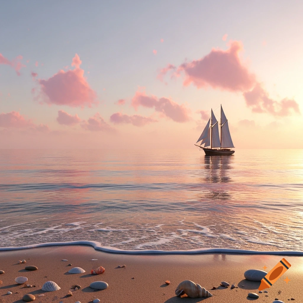 A serene seascape at sunrise/sunset with a sailboat on calm water, pink clouds, and a sandy beach with shells in the foreground.