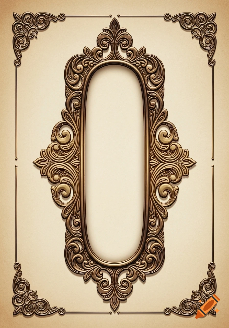 Ornate vintage bronze oval frame with decorative corner elements on a cream background.