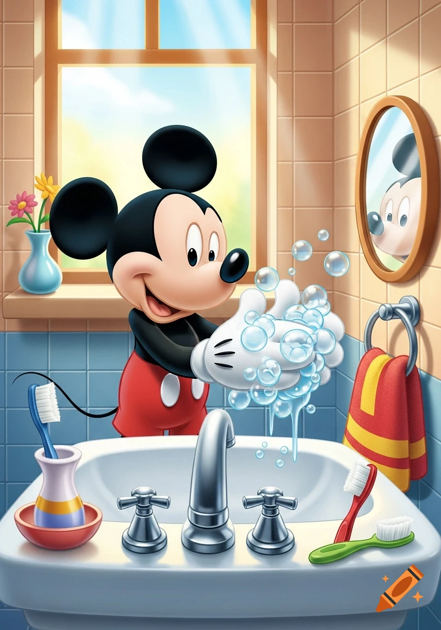 Mickey Mouse washing his hands with soap bubbles at a bathroom sink, in a bright cartoon illustration.