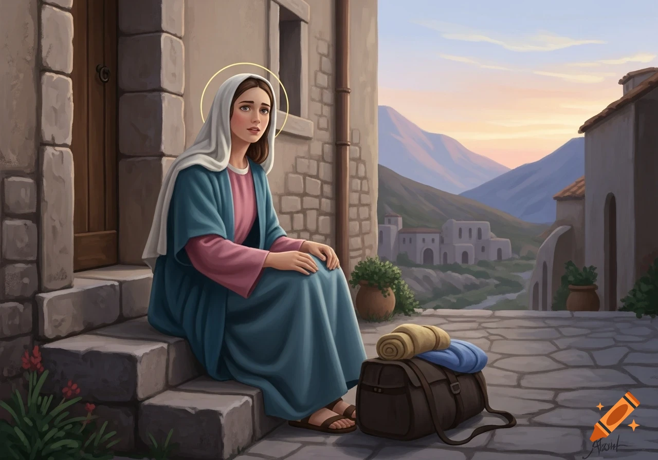 A woman with a halo and blue and pink robes sits on stone steps in an ancient village, with mountains and a sunset sky in the background.