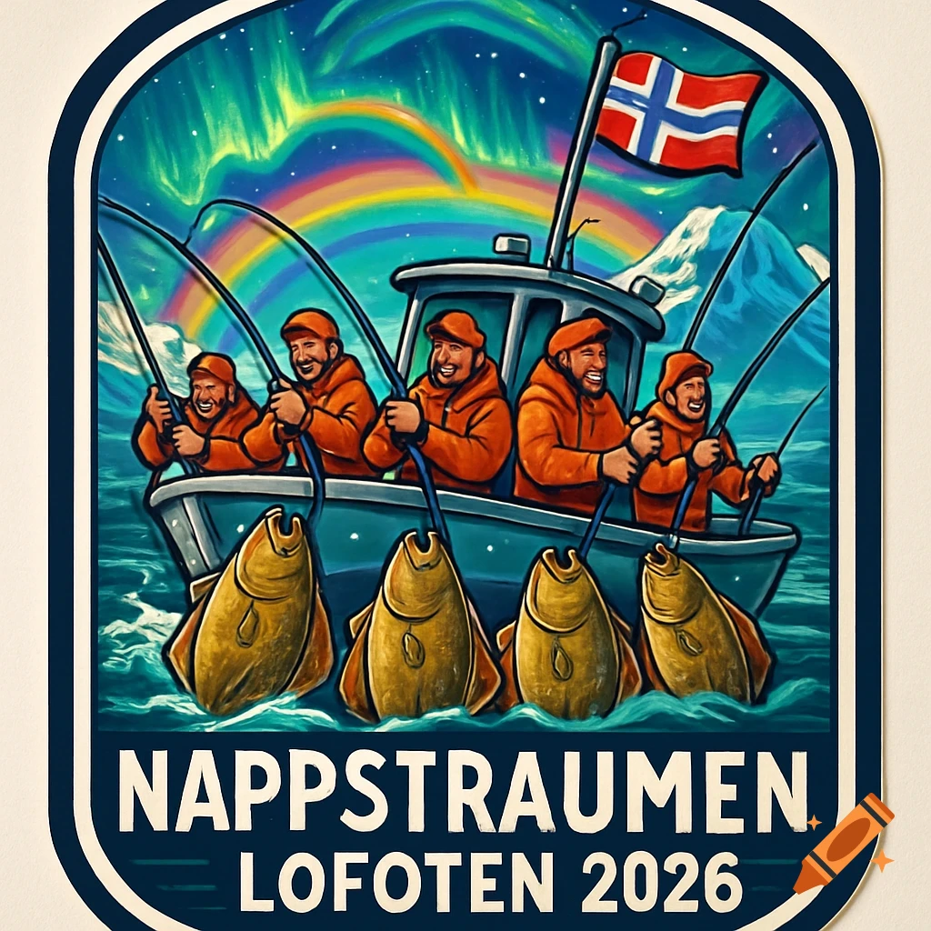 A stylized sticker depicting five smiling fishermen in a boat, each with a large fish on their hook, under an aurora borealis and rainbow sky with mountains and a Norwegian flag. Text reads 'NAPPSTRAUMEN LOFOTEN 2026'.