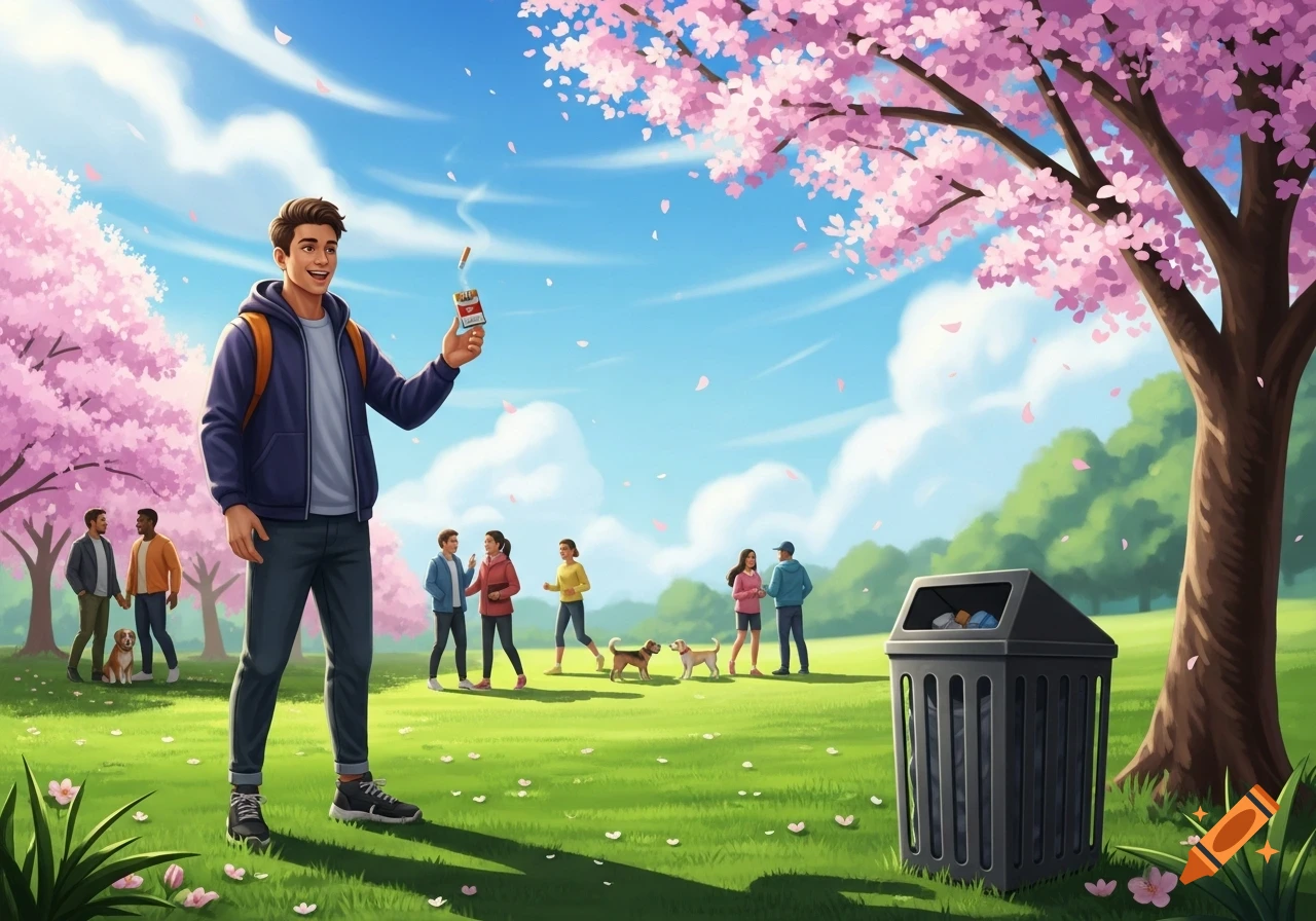 A cheerful illustrated scene of a young man holding a cigarette pack in a vibrant park with cherry blossom trees and other people.