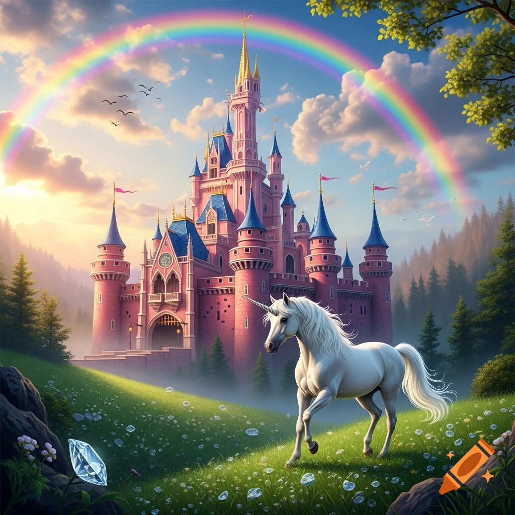 A white unicorn walks in a grassy meadow in front of a pink fantasy castle under a rainbow.