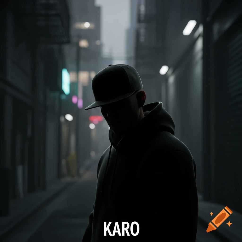 A dark, moody portrait of a man in a black hoodie and baseball cap, silhouetted in a dimly lit city alley, with the word "KARO" below.