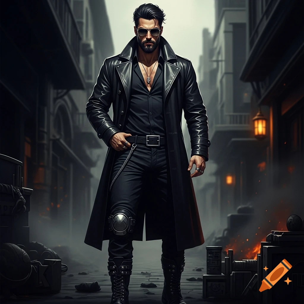 Photorealistic man in a black leather trench coat, sunglasses, and beard, standing in a dark, gritty urban street with fire, film noir style.
