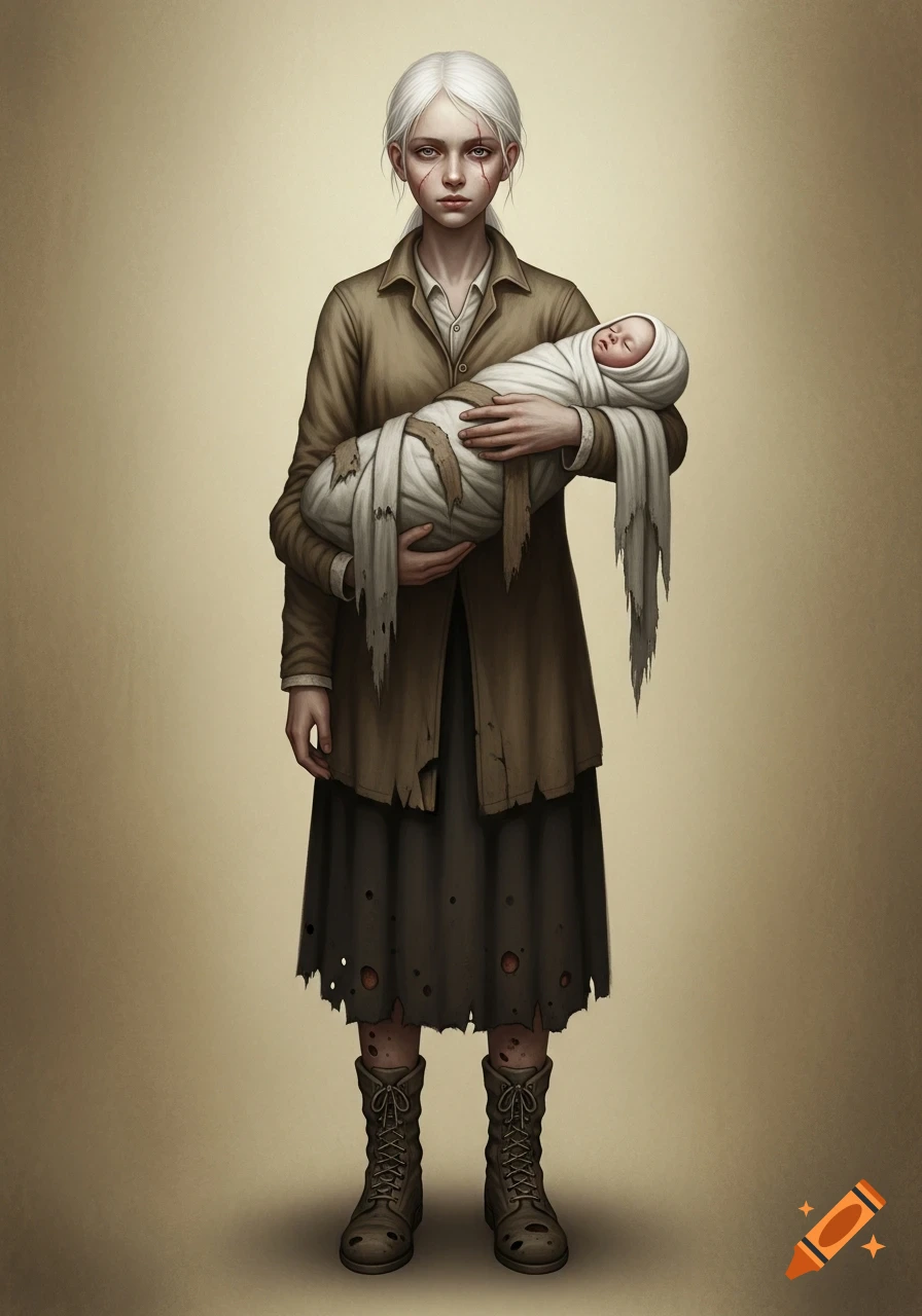 Full-body portrait of a solemn, pale young woman with white hair and scars, dressed in ragged brown clothes and boots, cradling a swaddled infant.