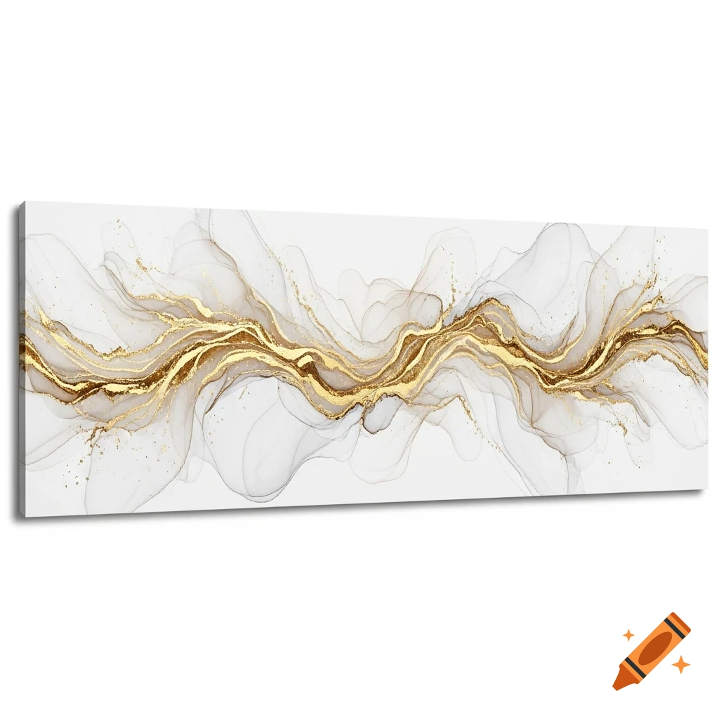 Abstract panoramic artwork featuring glittering gold liquid swirls and translucent white and gray ink wisps on a white background.