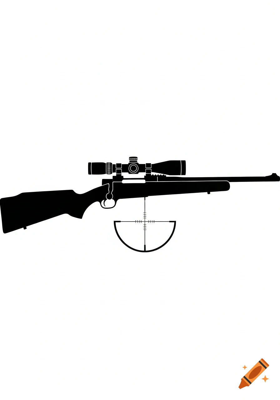 A black silhouette of a rifle with a scope, with a reticle display below it, on a white background.