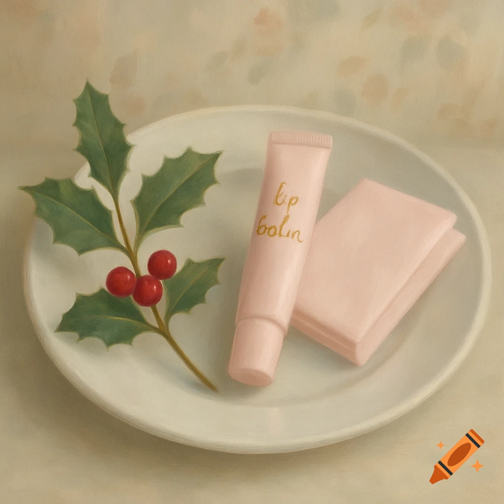 A painterly still life showing a sprig of holly with red berries, a pink lip balm tube, and pink tissues on a white plate.