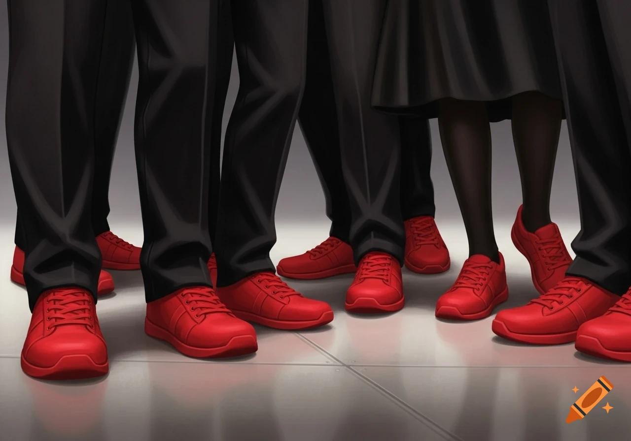 Close-up of several people wearing red sneakers and black pants or a black dress.